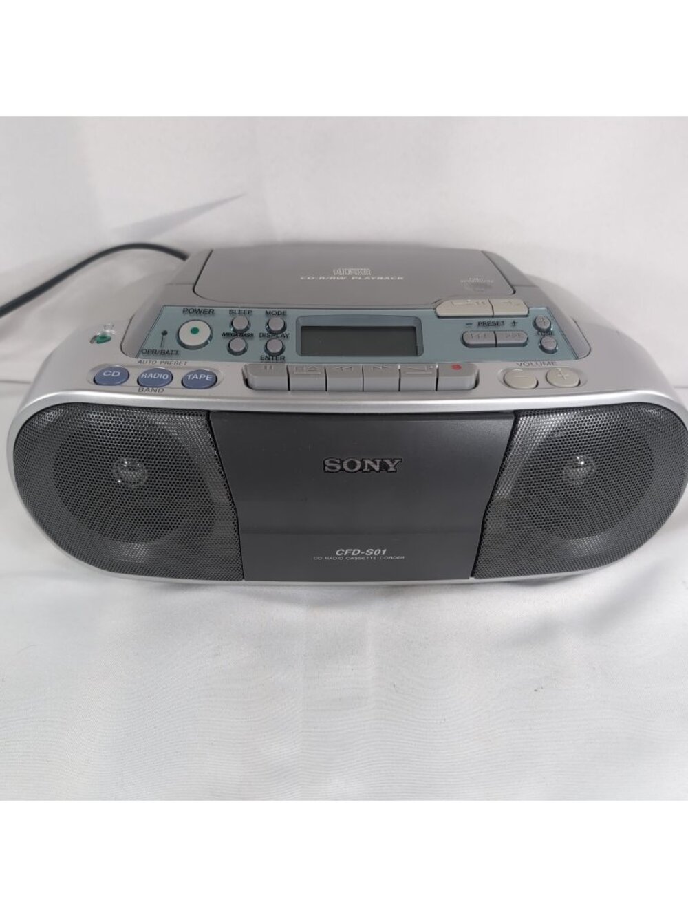 Sony CFD-S01 Boombox CD Cassette Player AM/FM Radio Silver Portable Gray TESTED